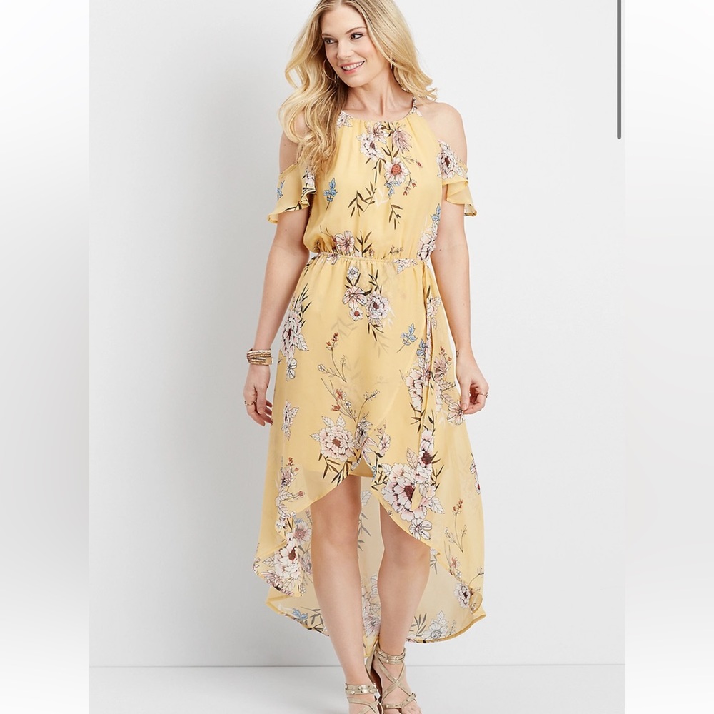 Maurices large pastel yellow cold shoulder floral maxi dress